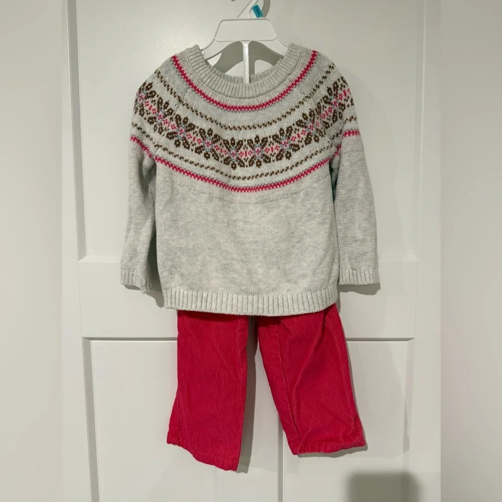 Carter's Cream Fair Isle Sweater with Pink and Brown Accents & Red Pants